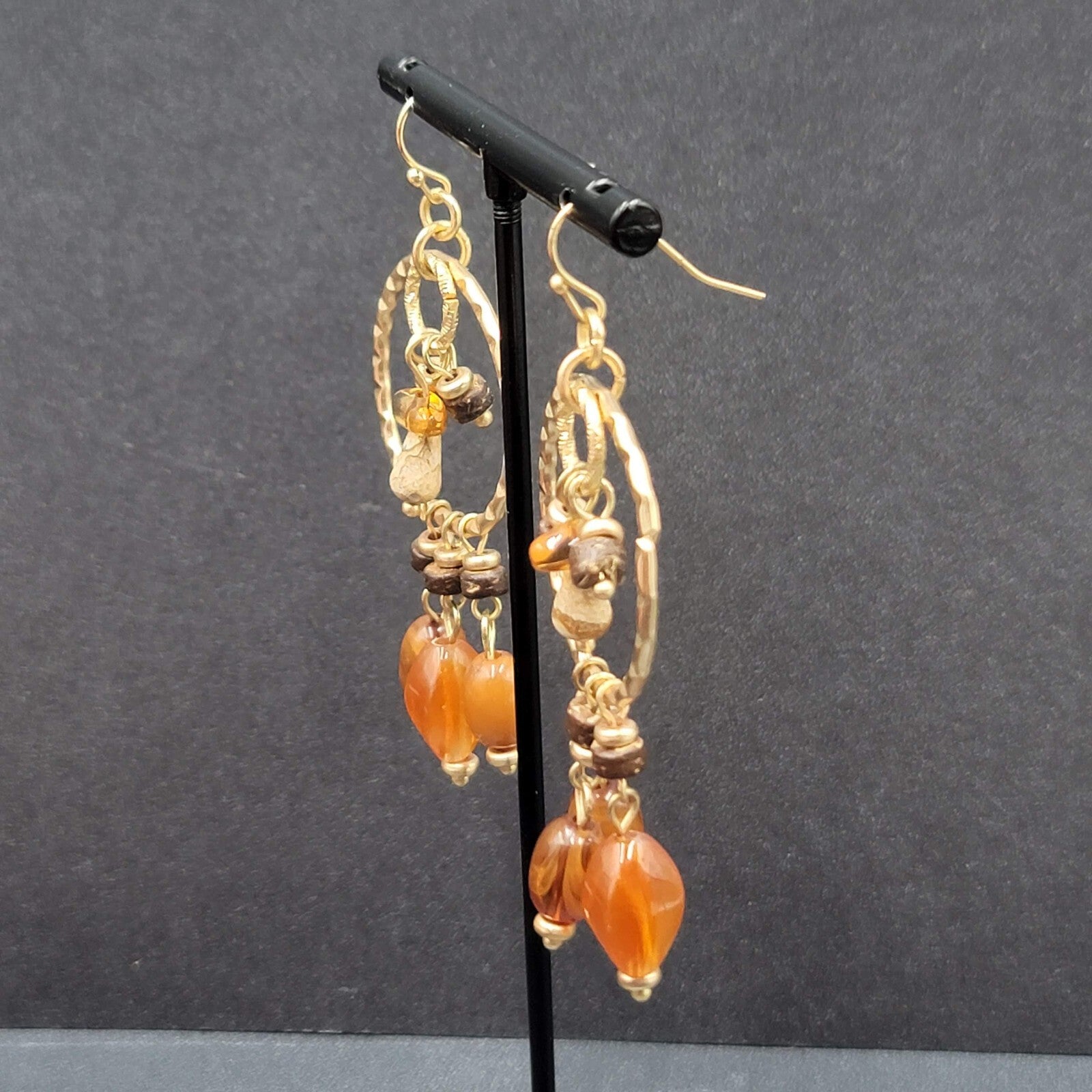 Pierced Earrings Gold tone Natural Colored Acrylic Beads Coconut Shell Bead 2.5"