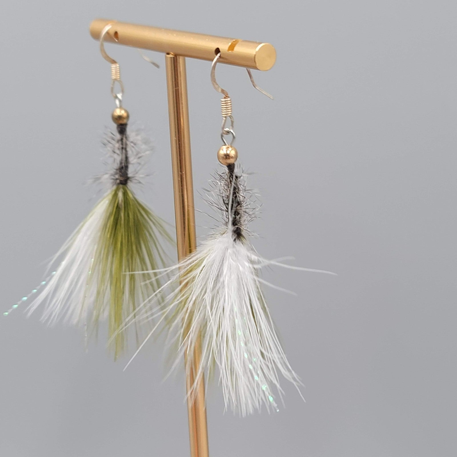 Artisan Pierced Earrings Feather Fly Tie Fishing Dangle Green White 2"