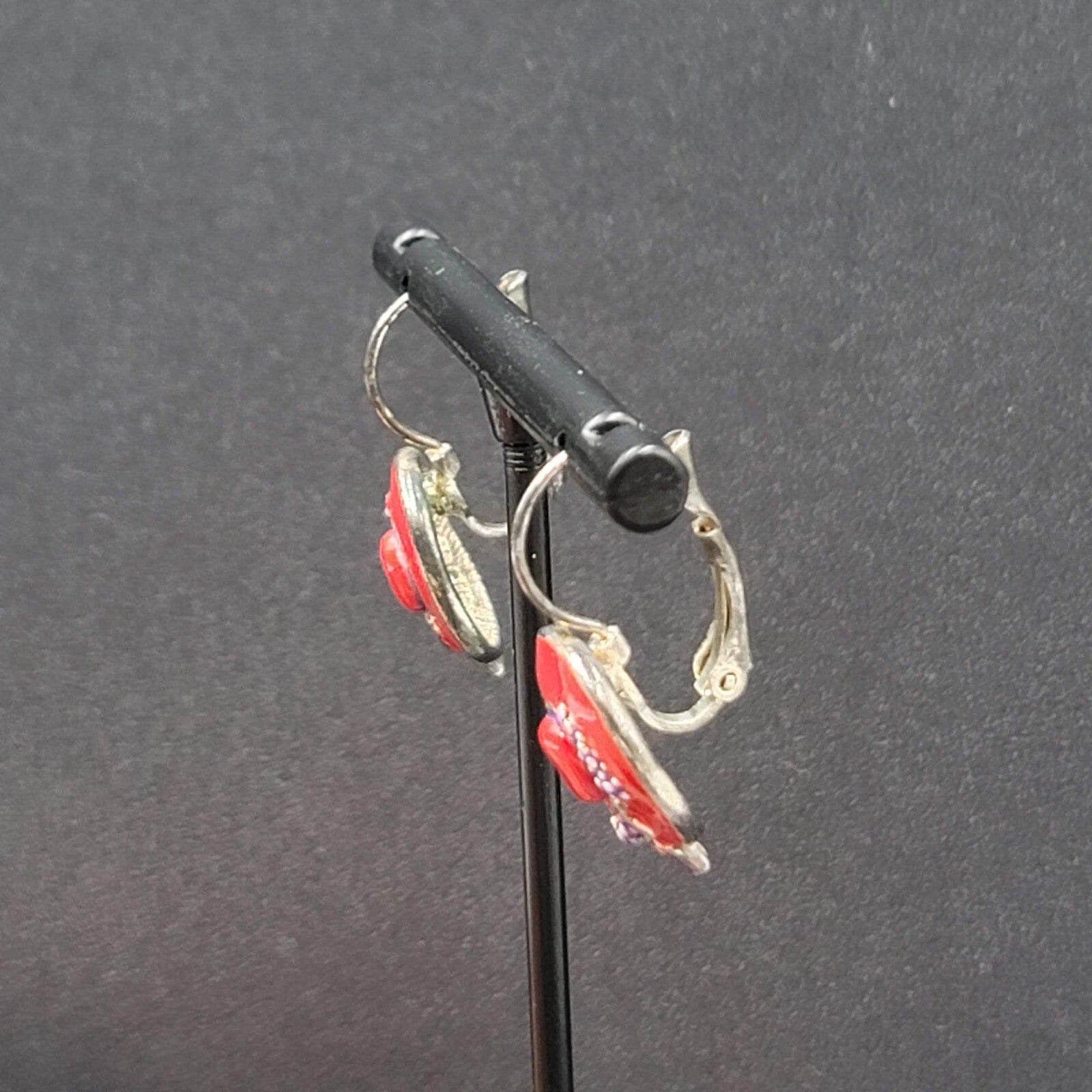 Vintage Red Hat Society Pierced Earrings Enamel Dangle Leverback 3/4"