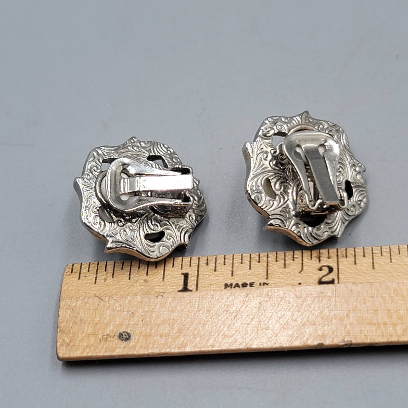 Vintage Pearlescent Cabochon Clip on Earrings Rhinestone Wreath Silver tone 1 in