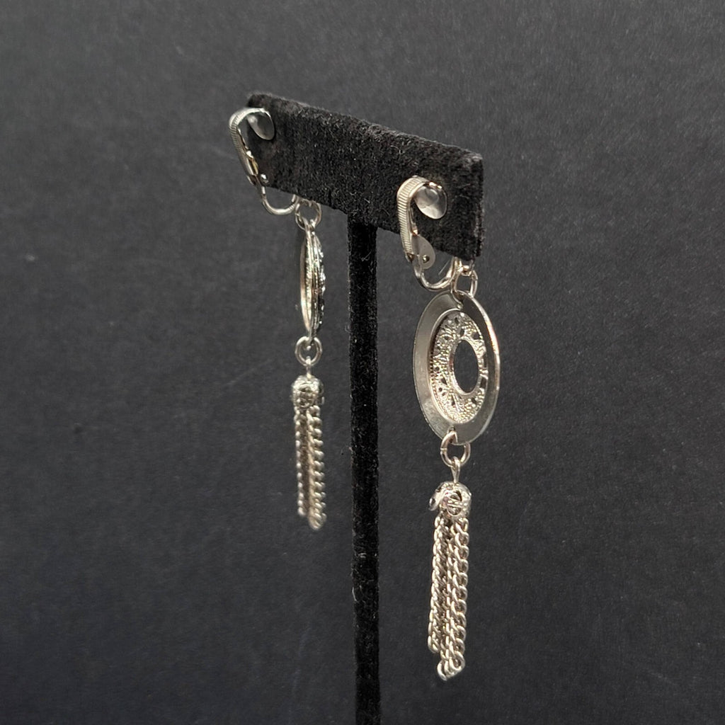 Vintage Clip on Earrings Silver tone Open Circle Tassel Chains  2.75"
