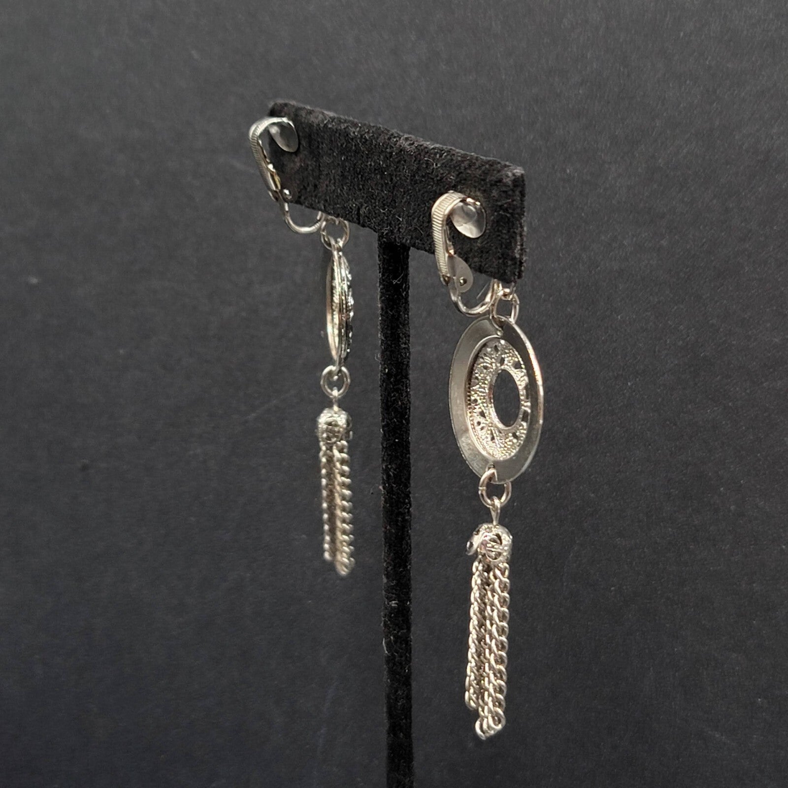 Vintage Clip on Earrings Silver tone Open Circle Tassel Chains  2.75"
