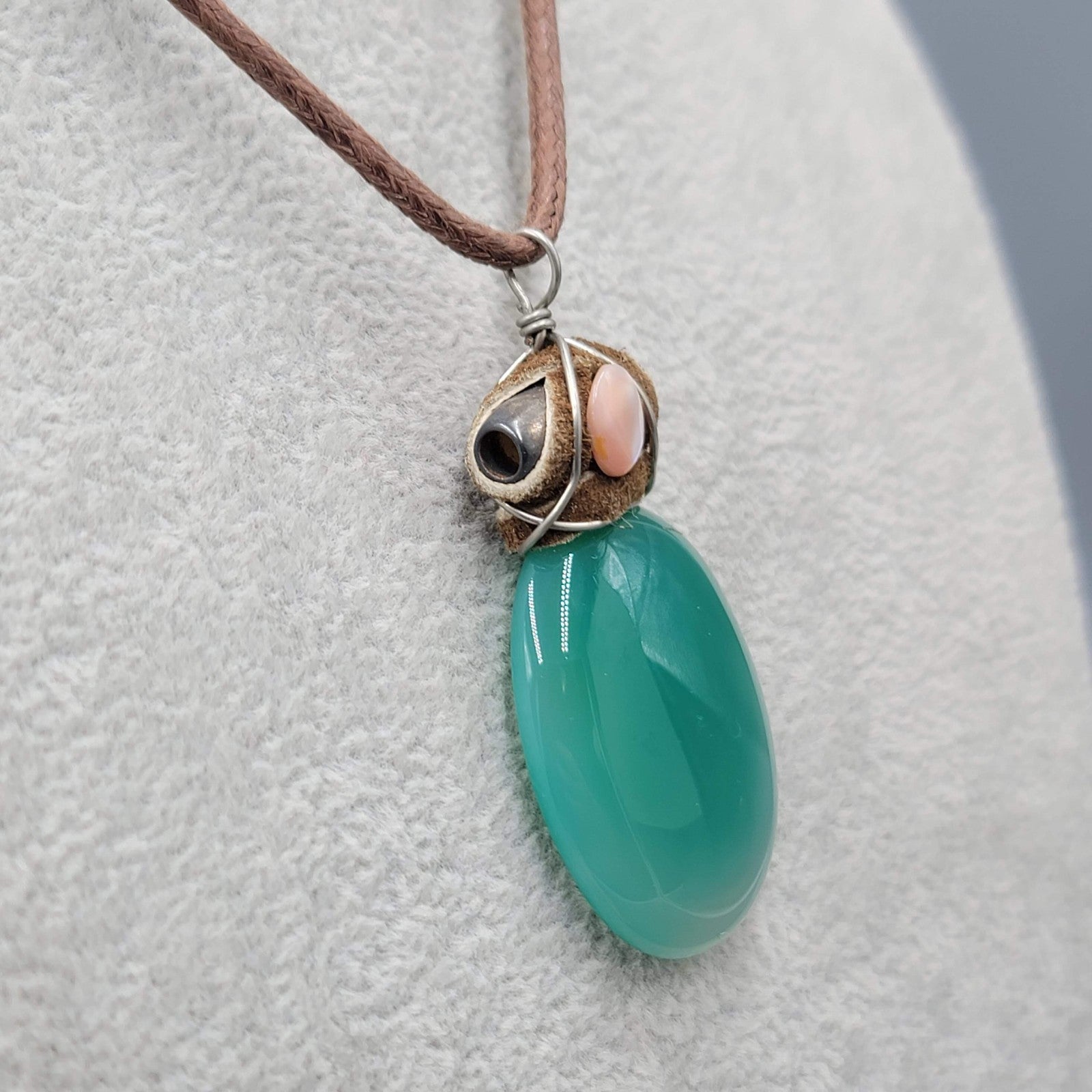Artisan Boho Hippie Necklace Green Glass Pendant Leather and Brown Cord 16"-18"