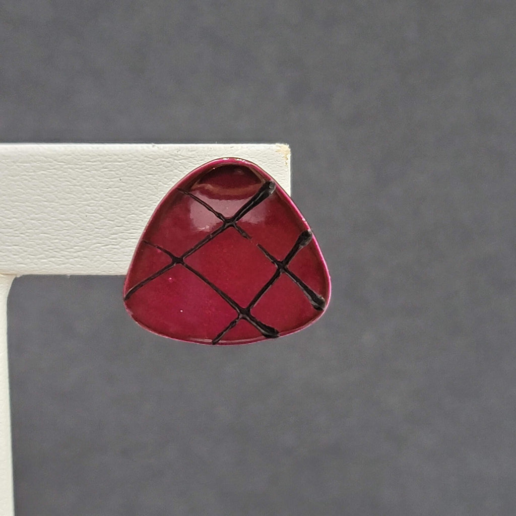 Vintage Pierced Earrings Burgundy Red Black Enamel over Metal Triangle Drop 3/4"