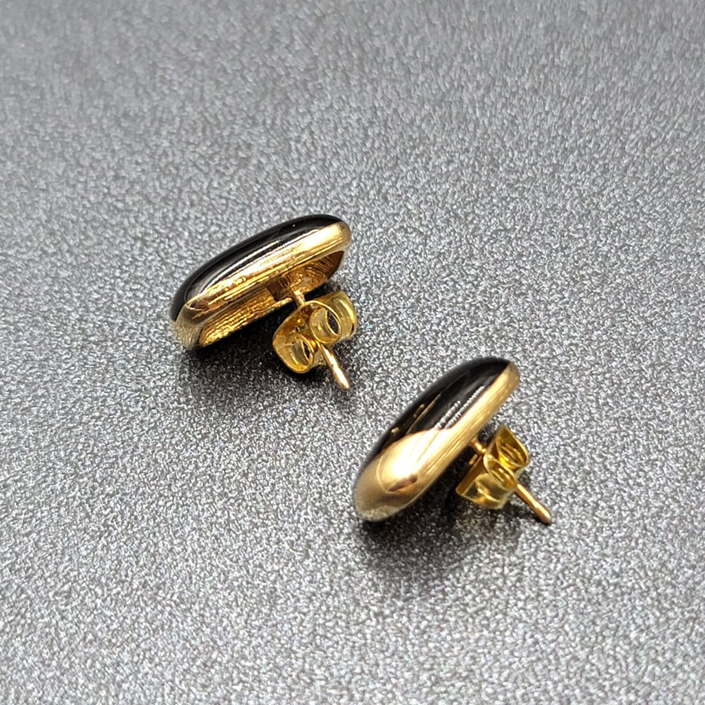 Vintage Pierced Earrings Gold Plated Black Enamel Rectangle Studs 1/2"
