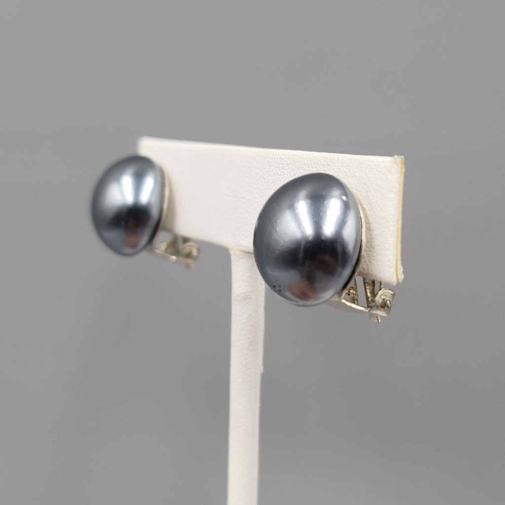 Vintage Clip on Earrings Satin Black Metallic Dome Stud 5/8"