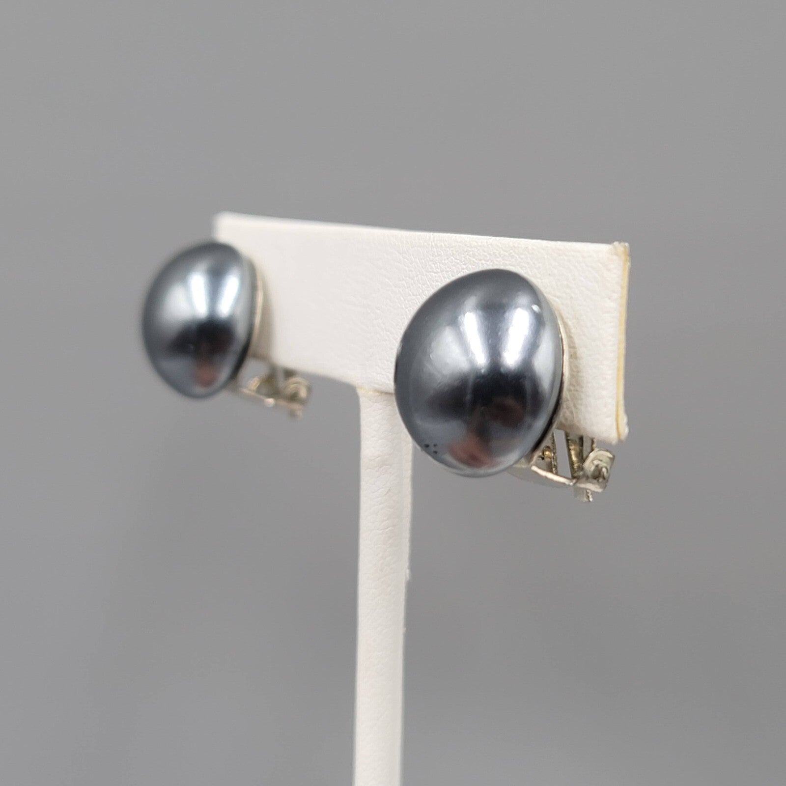 Vintage Clip on Earrings Satin Black Metallic Dome Stud 5/8"