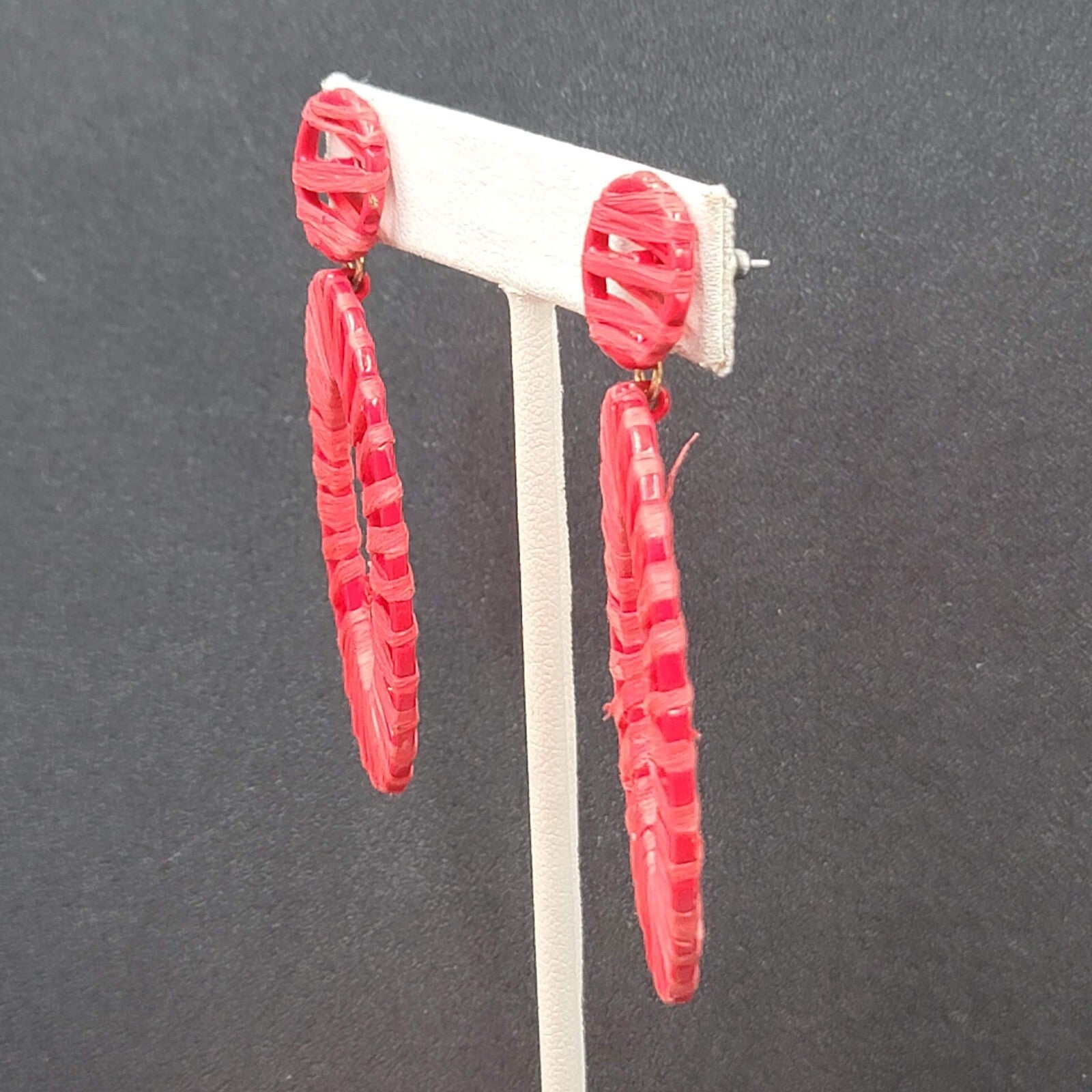 Pierced Earrings Red Rattan Dangle Hoops Statement 2.5"