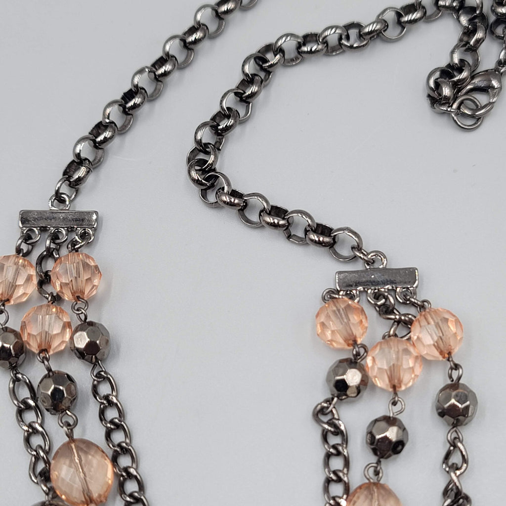 Black Metal Necklace Triple Chain Layered Long Peach Beads 30"