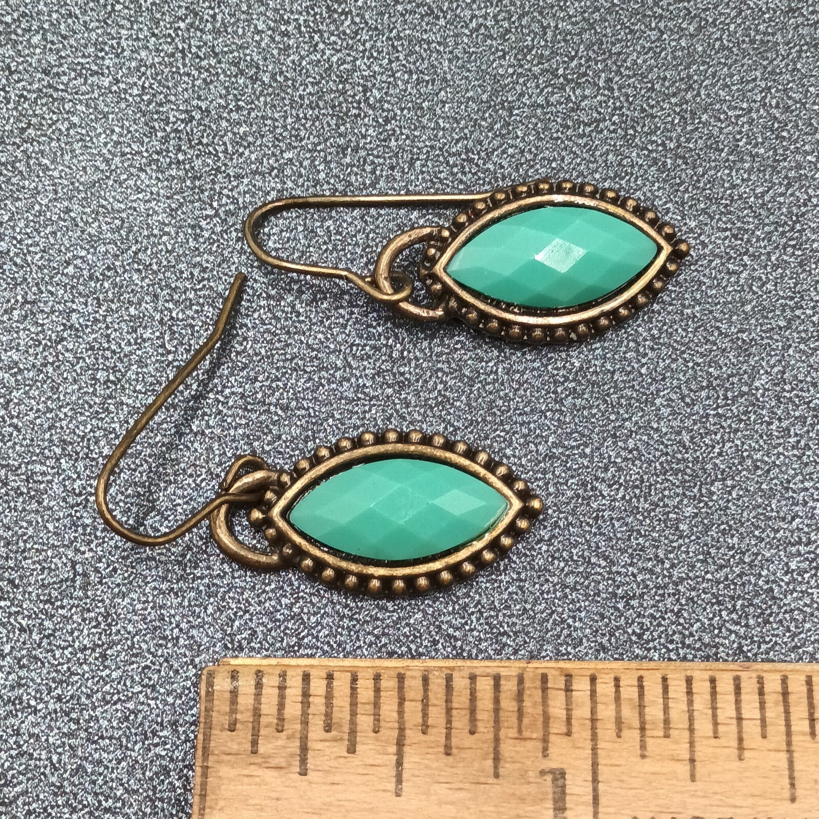Pierced Earrings Antiqued Gold tone Faceted Faux Turquoise Acrylic Dangle 3/4"