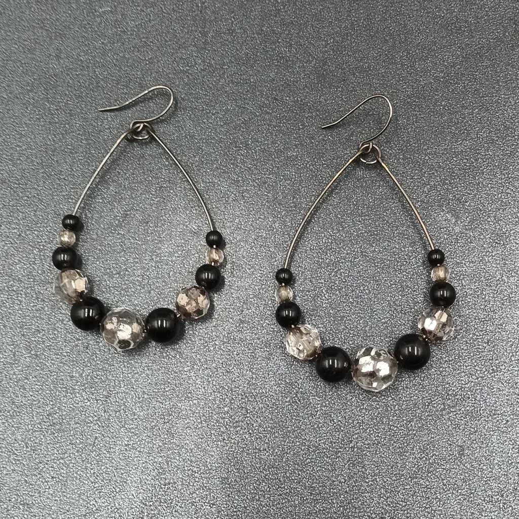 Pierced Earrings Gun Metal Gray Teardrop Wire Loop Acrylic Beaded Dangle 2"
