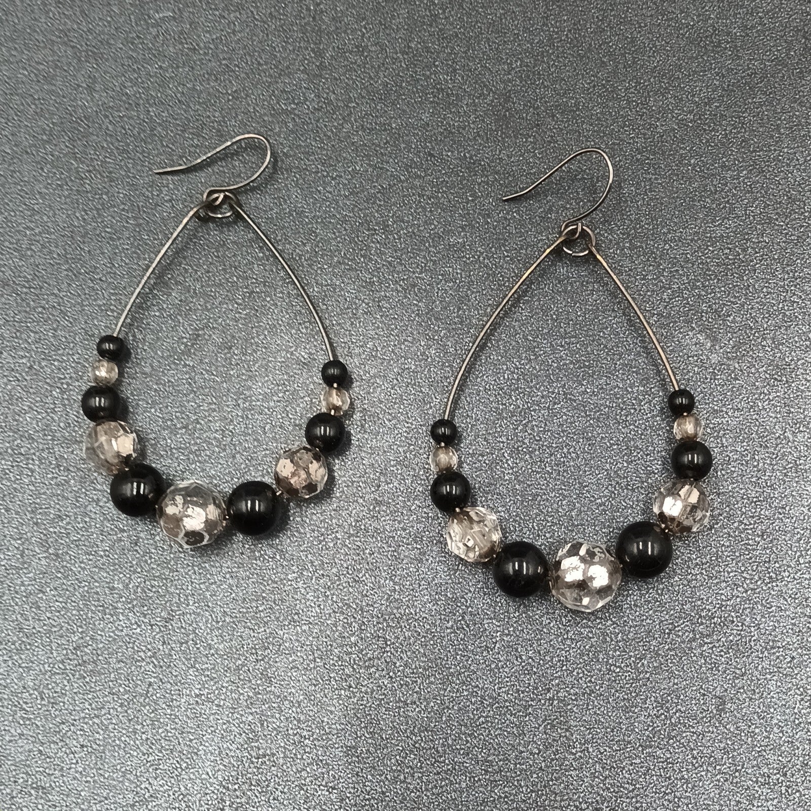 Pierced Earrings Gun Metal Gray Teardrop Wire Loop Acrylic Beaded Dangle 2"