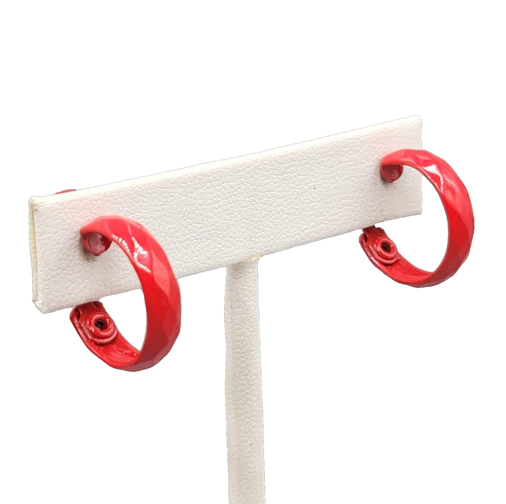 Vintage Red Enamel Hoops Clip on Earrings 3/4 in