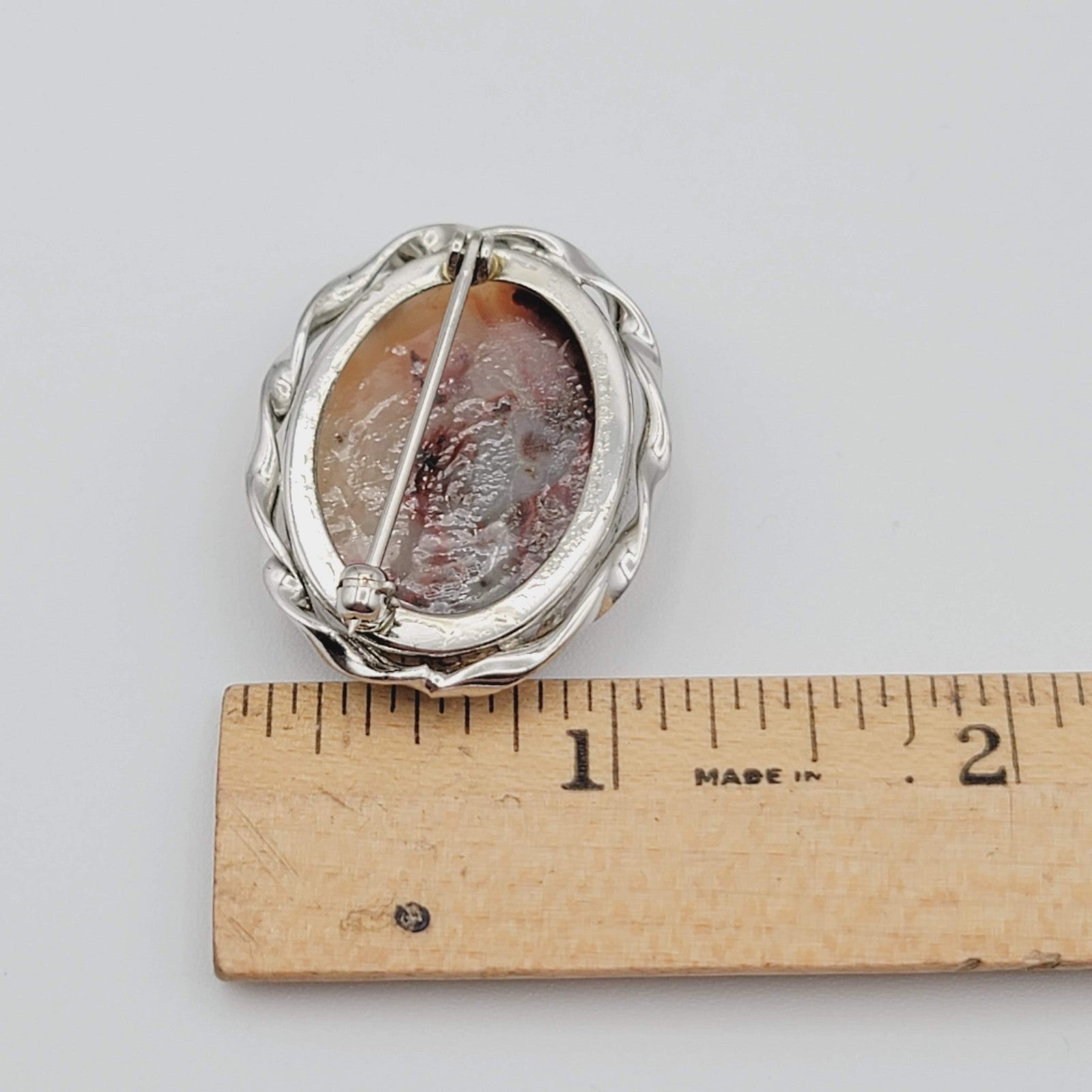 Vintage Natural Stone Lace Agate Brooch Silver Tone Pin 1.25 in