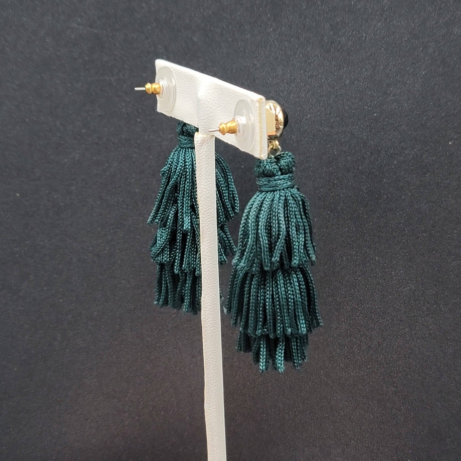Pierced Earrings Gold tone Green Fringe Tassel Dangle 2.25"