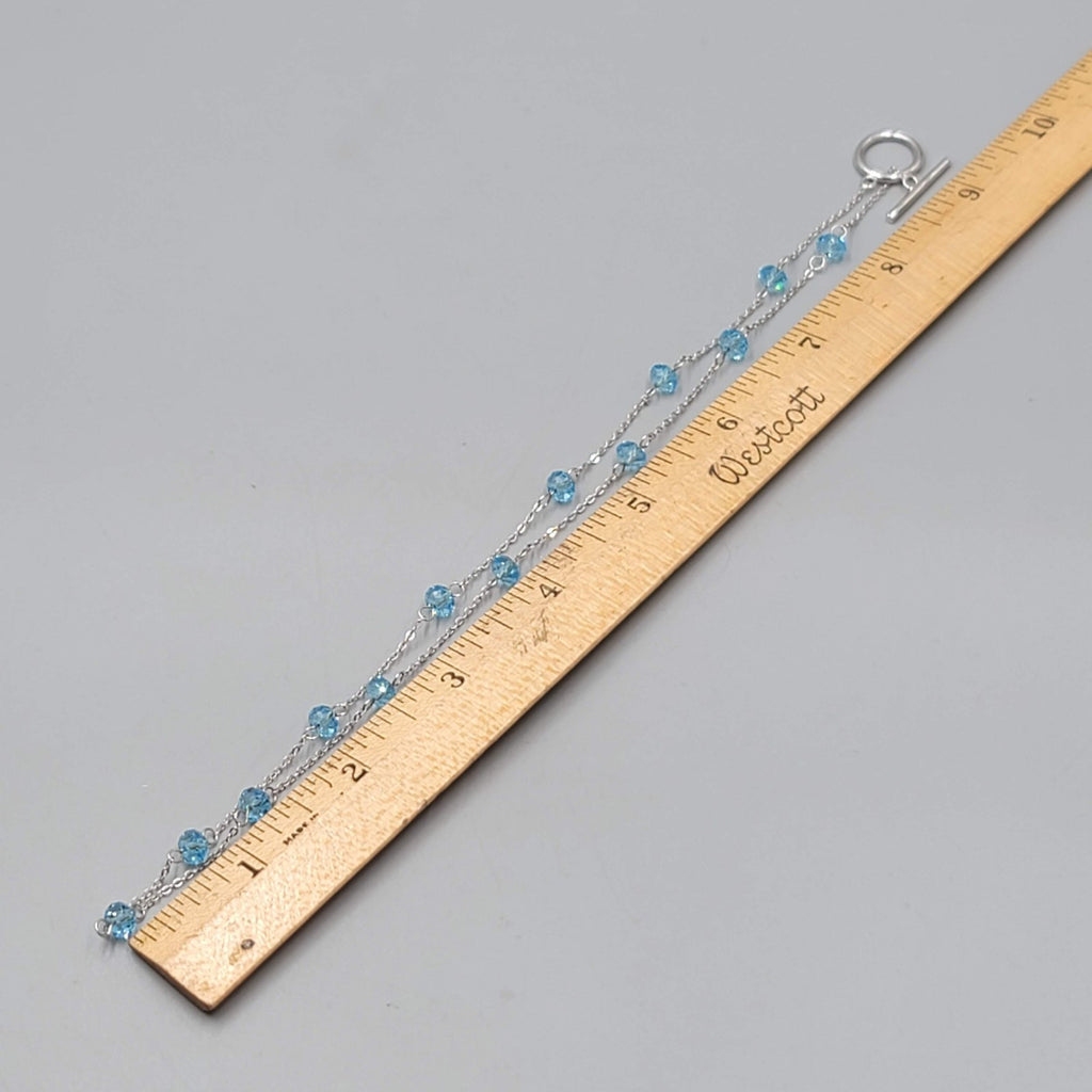 Blue Crystal Station Necklace Dainty Silver Plated 18"