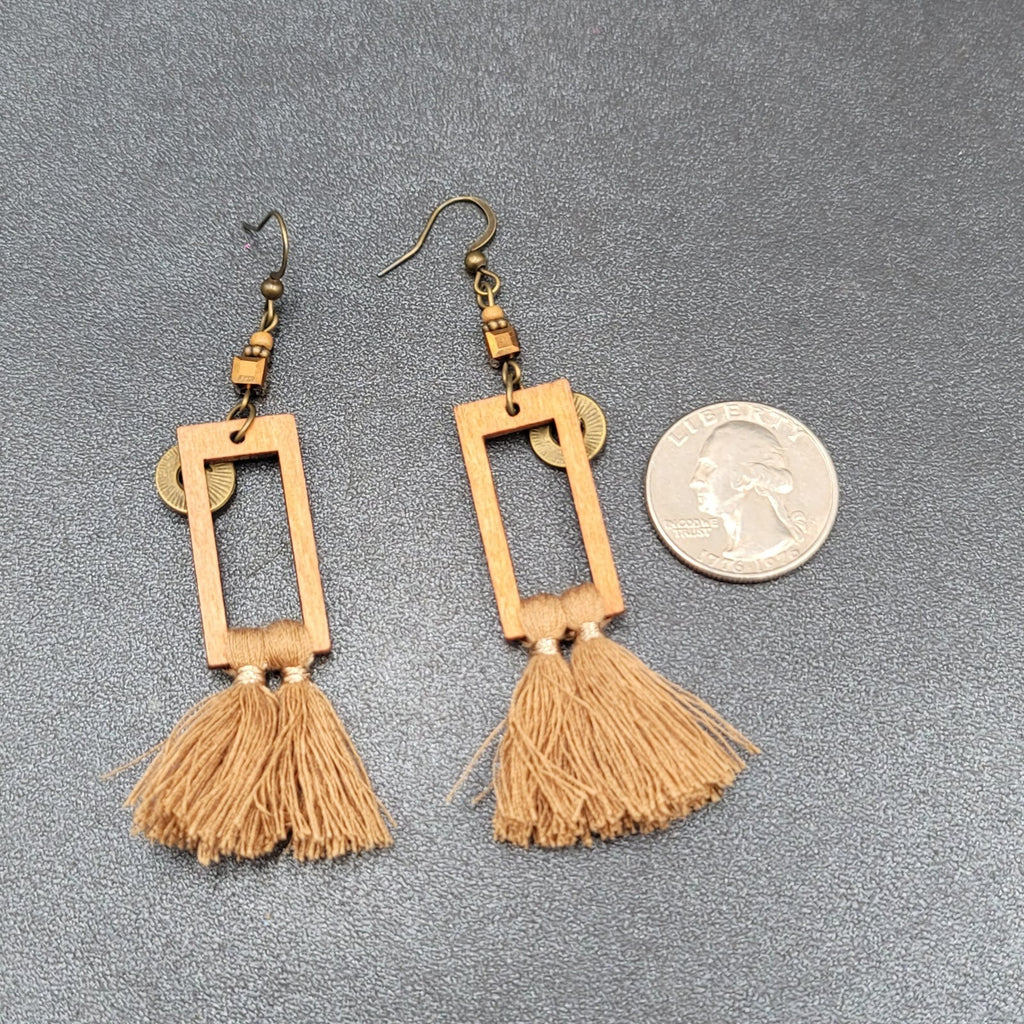 Tassel Pierced Earrings Bronze tone Wood Rectangle Dangle 2.5"