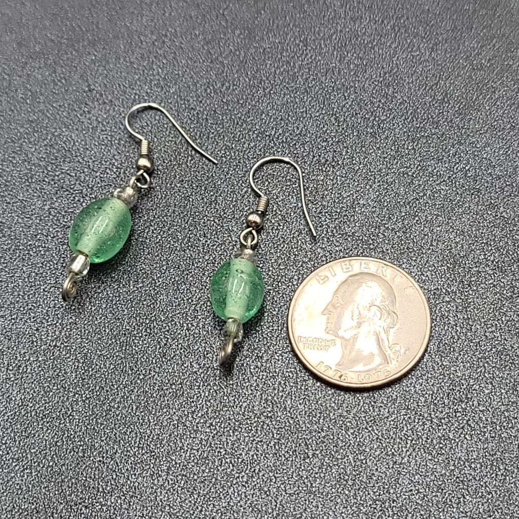 Pierced Earrings Silver tone Green Glass Beads Dangle 1"