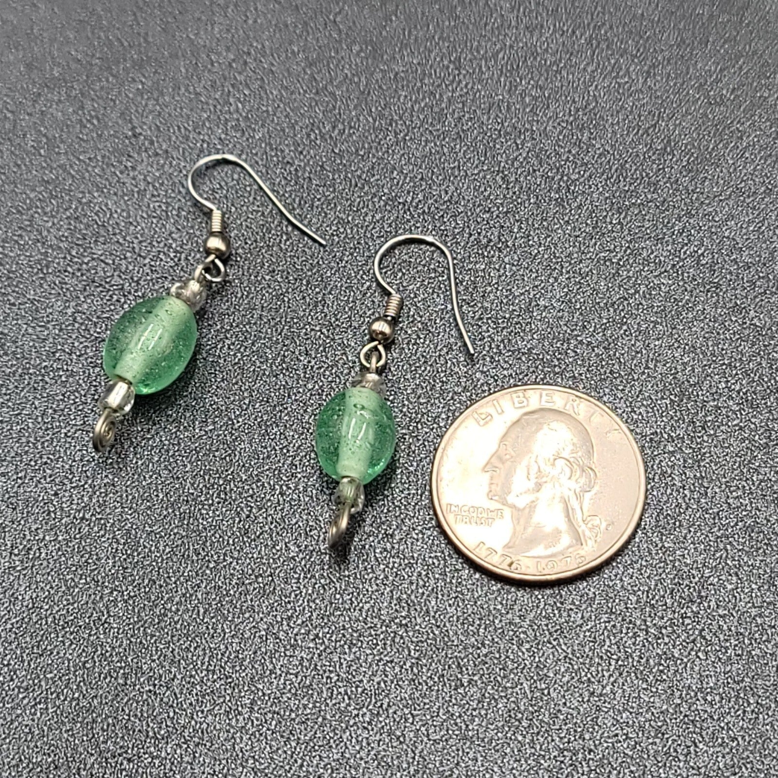 Pierced Earrings Silver tone Green Glass Beads Dangle 1"