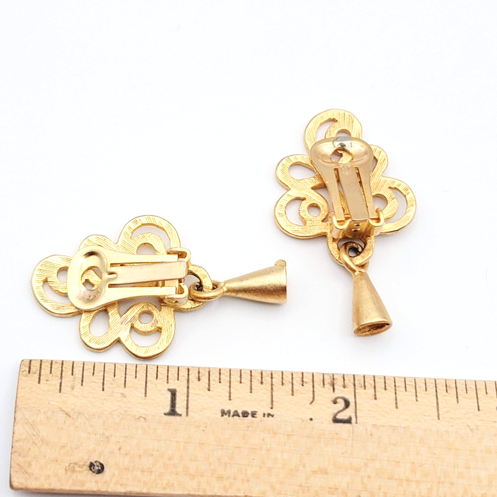 Vintage Open Work Clip on Earrings Matte Gold Plated Dangle 1.5 in