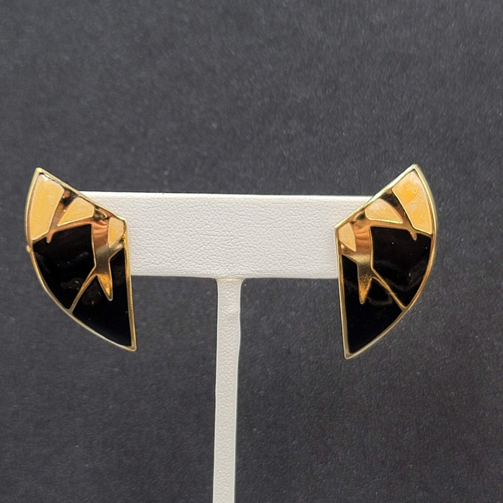 Vintage Pierced Earrings Goldtone Black Beige Enamel Statement Drop 1 3/8"