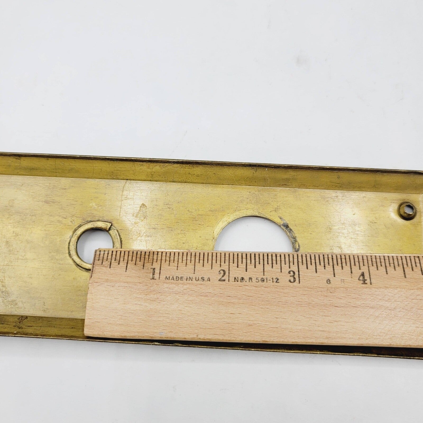 Vintage Brass Interior Doorknob Back Plate 8" x 2 3/4" holes 2 1/2"
