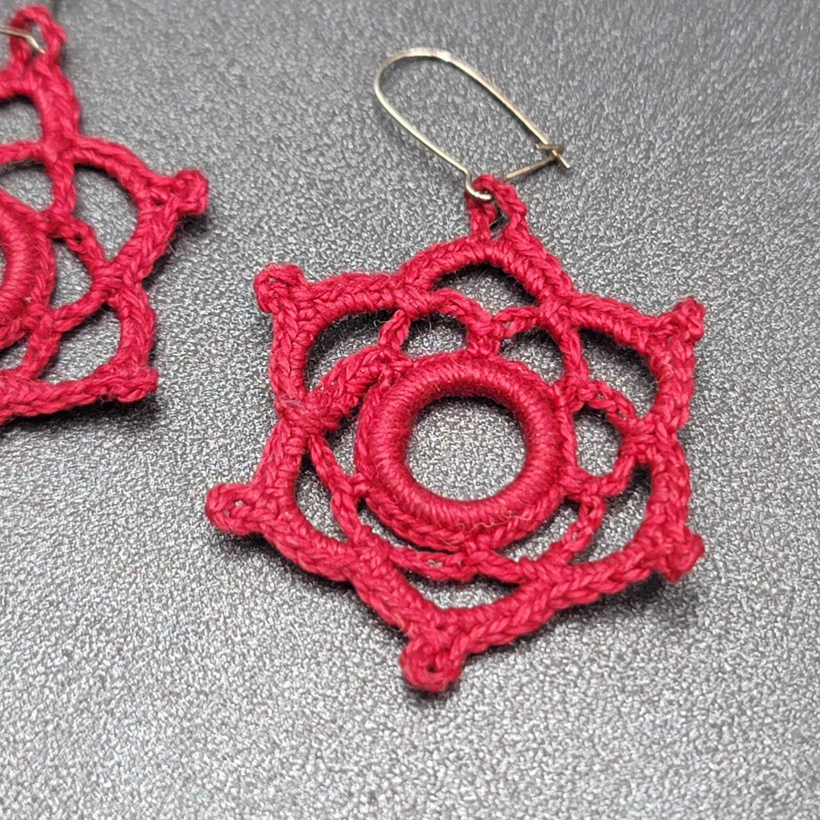 Pierced Earrings Hand Knitted Dangle Maroon Red 1.5"