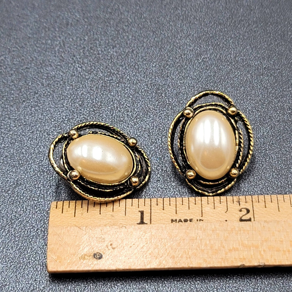 Vintage Pierced Earrings Gold tone White Cabochon Oval Drop 1"