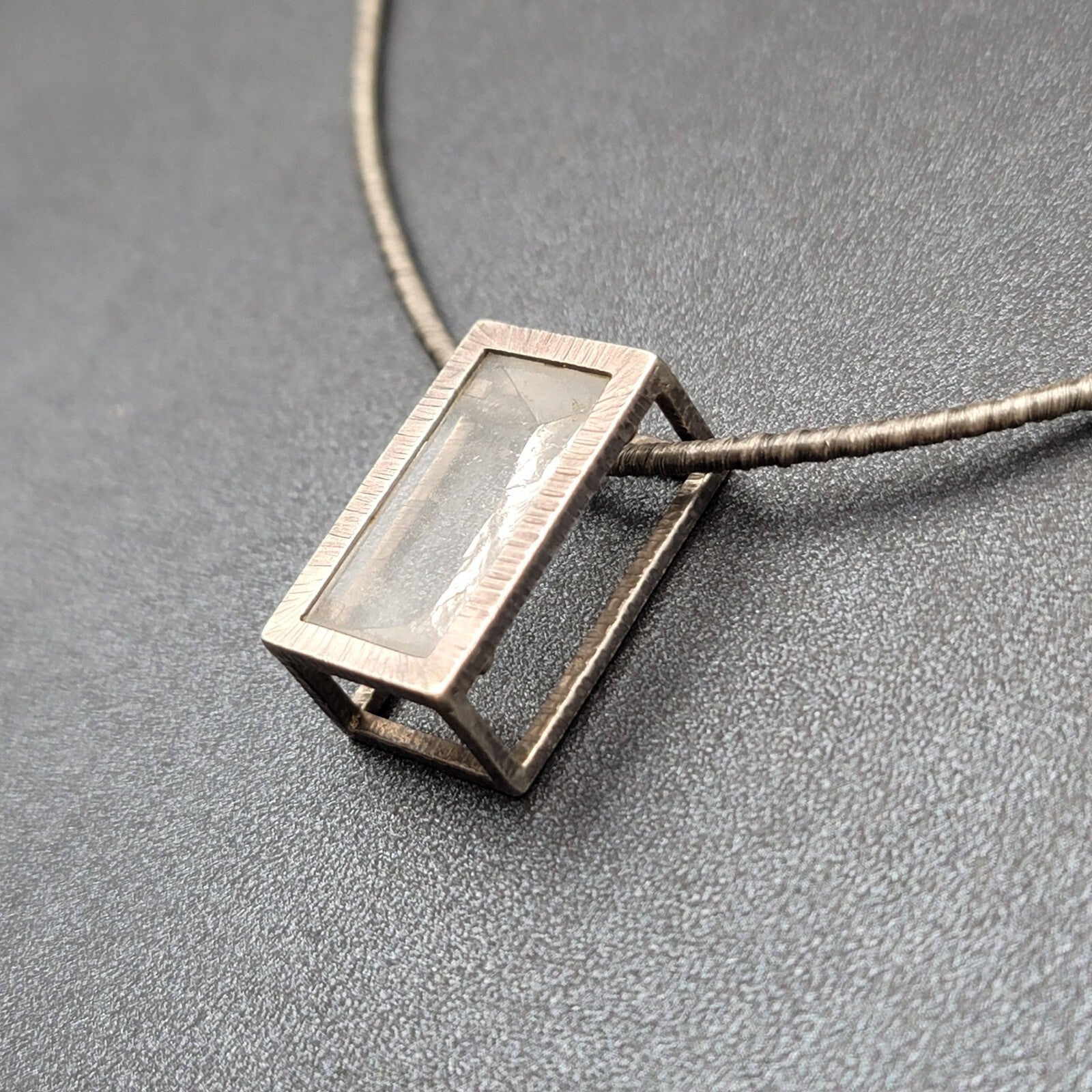 Quartz Crystal Necklace Unique Silver tone Caged Pendant Modernist Look 16.25"