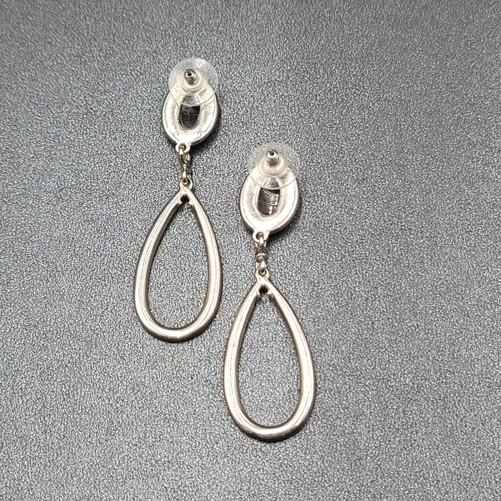 Pierced Earrings Silver tone Black Accent Crystal Rhinestones Dangle 2.5"