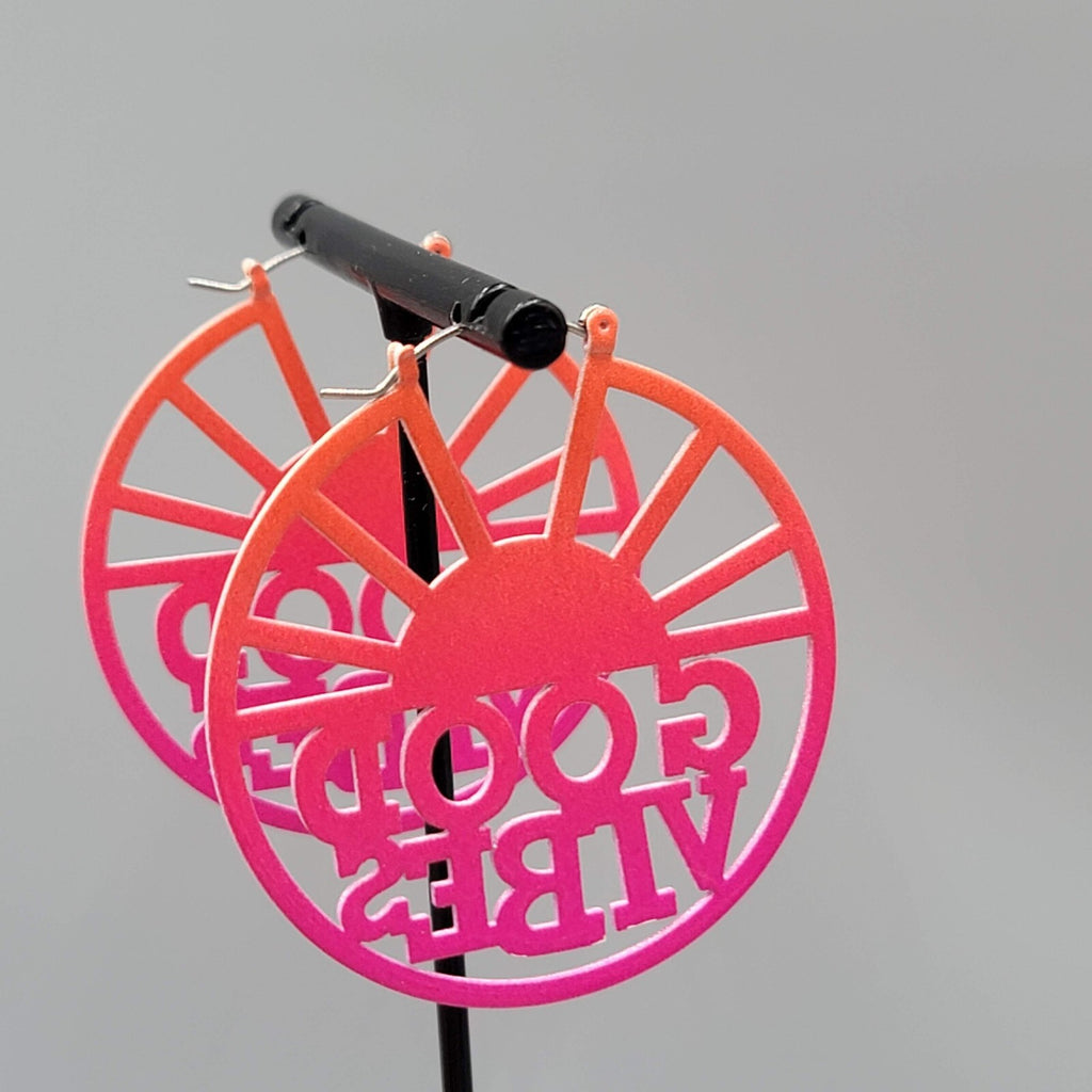GOOD VIBES Pierced Earrings LARGE Pink Enamel over Metal Hoops 2"
