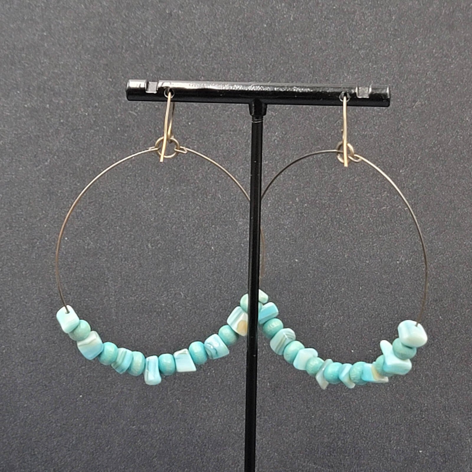 Pierced Earrings Bronze tone Blue Shell and Wood Bead Hoops  2"