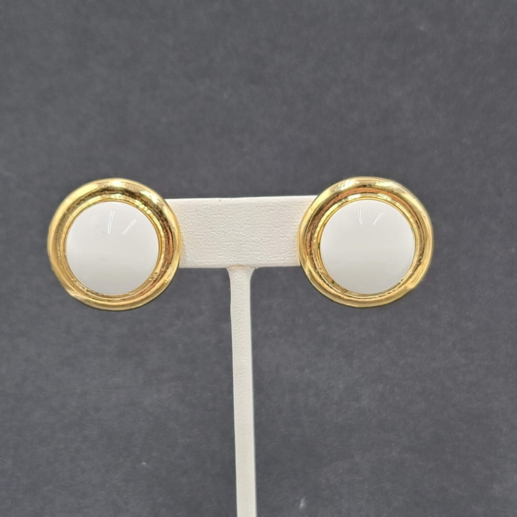 Vintage Clip on Earrings Gold tone White Acrylic Dome Drop Studs 1"