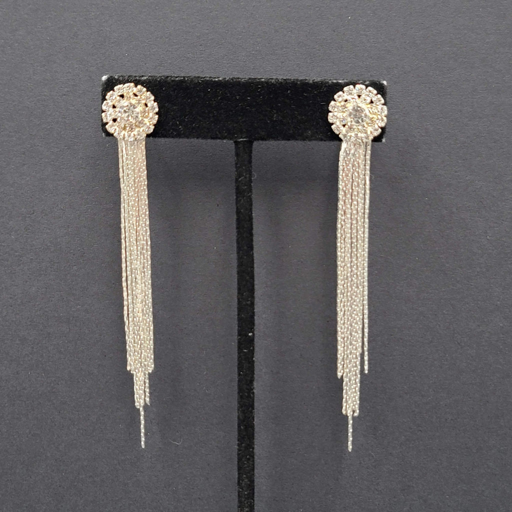 Long Dangle Chain Pierced Earrings Rhinestone Silver tone 3"