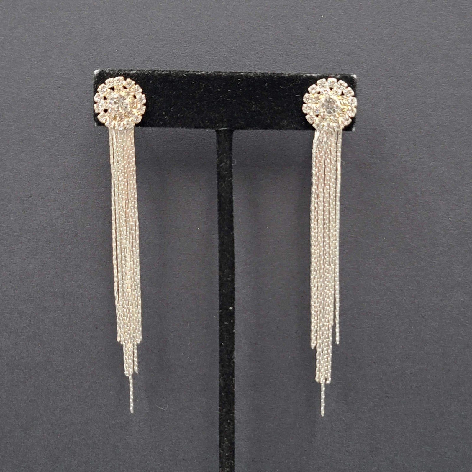 Long Dangle Chain Pierced Earrings Rhinestone Silver tone 3"