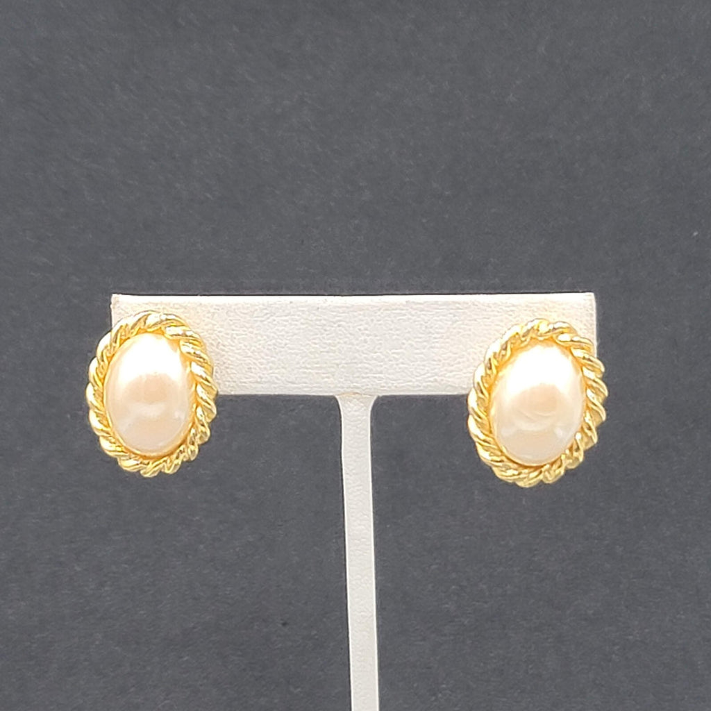 SC Pierced Earrings Gold Plated White Cabochon  7/8"