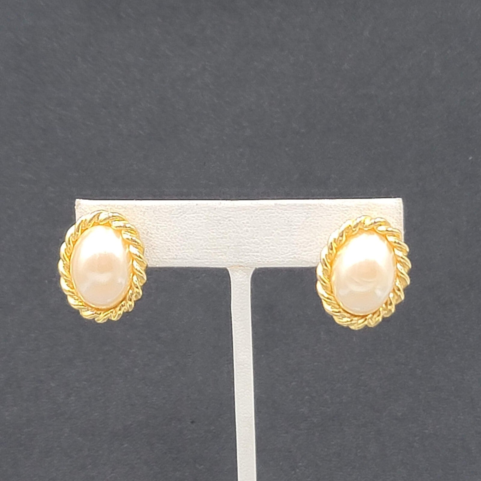 SC Pierced Earrings Gold Plated White Cabochon  7/8"