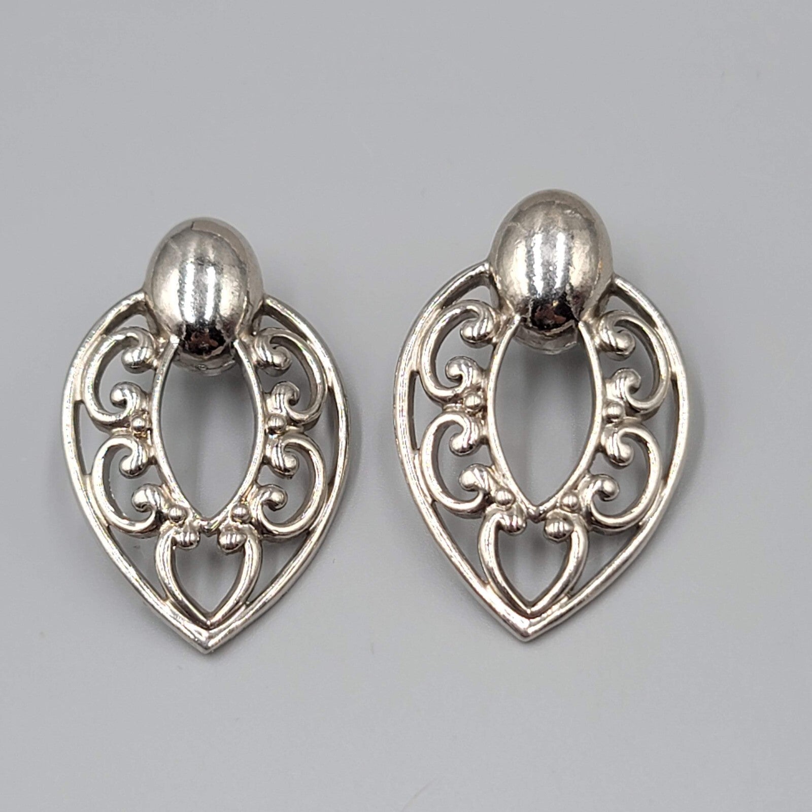 Vintage Pierced Earrings Silver tone Filigree Door Knocker Style Statement 1.75"