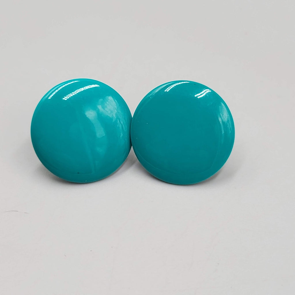 Vintage Teal Enamel Pierced Earrings Flat Round Drop 1"