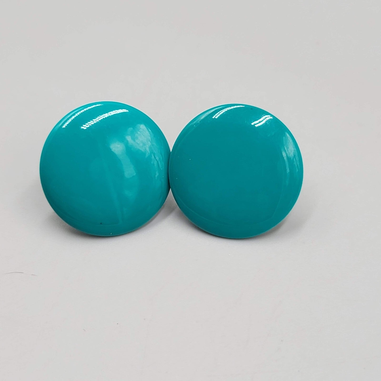 Vintage Teal Enamel Pierced Earrings Flat Round Drop 1"
