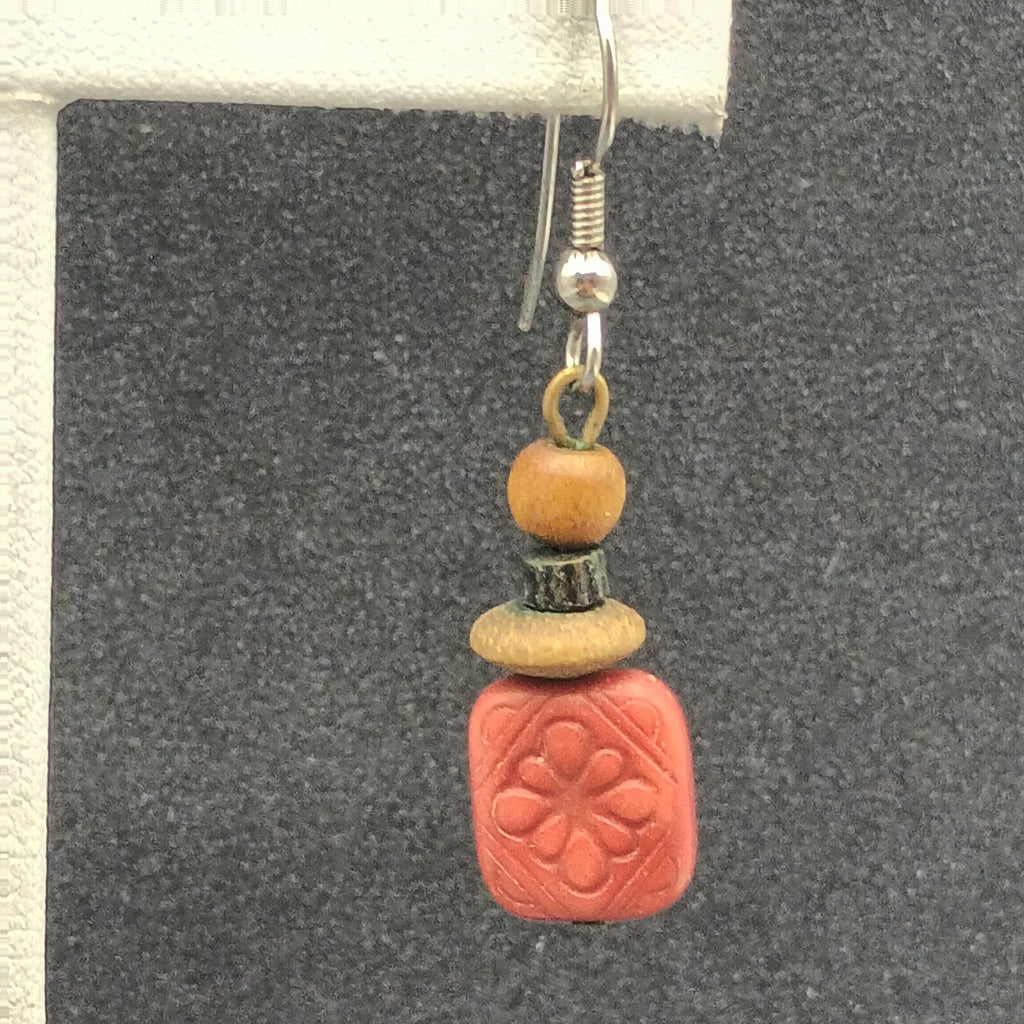 Pierced Earrings Silver tone Hook Red Plastic Flower Wood Bead Dangle 1"