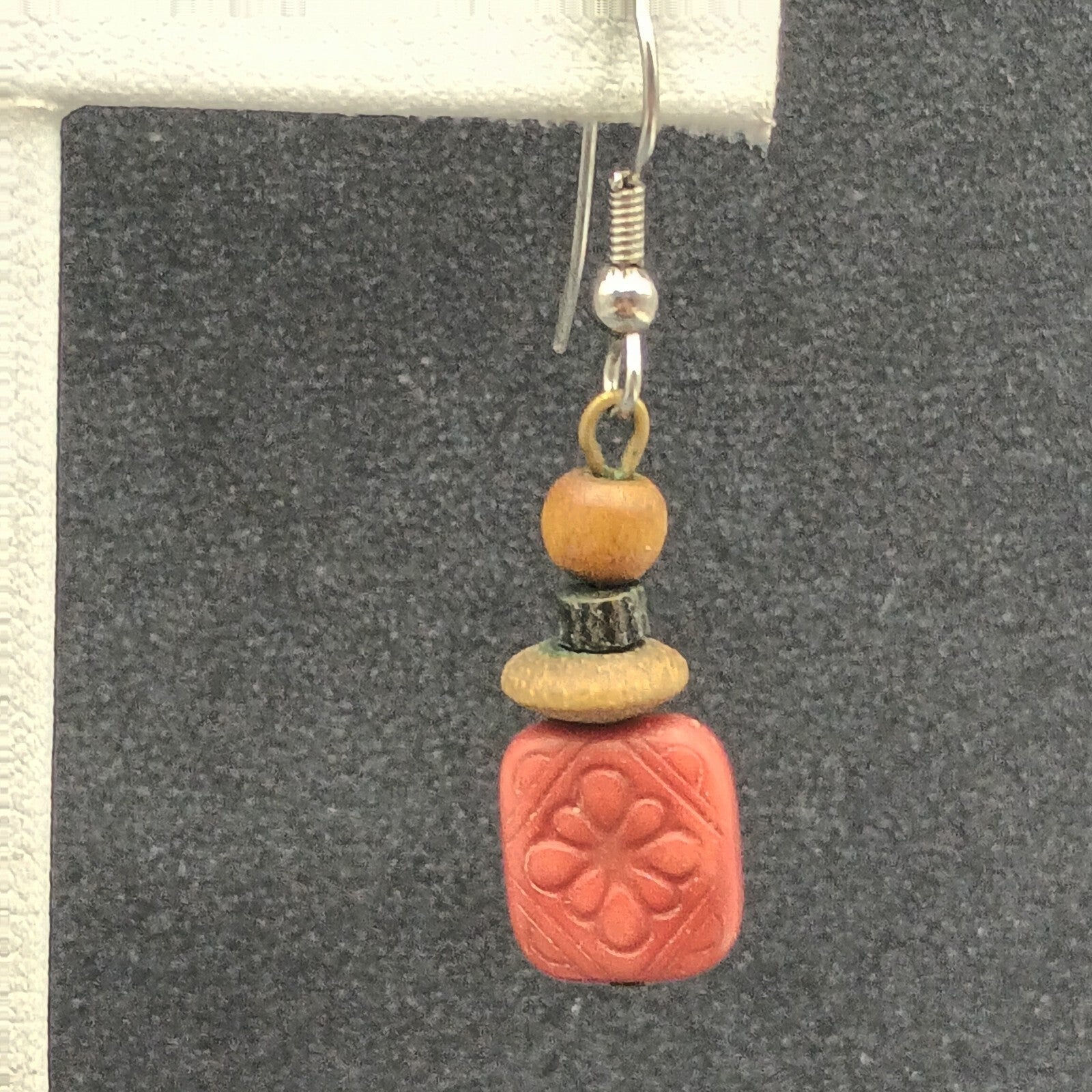 Pierced Earrings Silver tone Hook Red Plastic Flower Wood Bead Dangle 1"