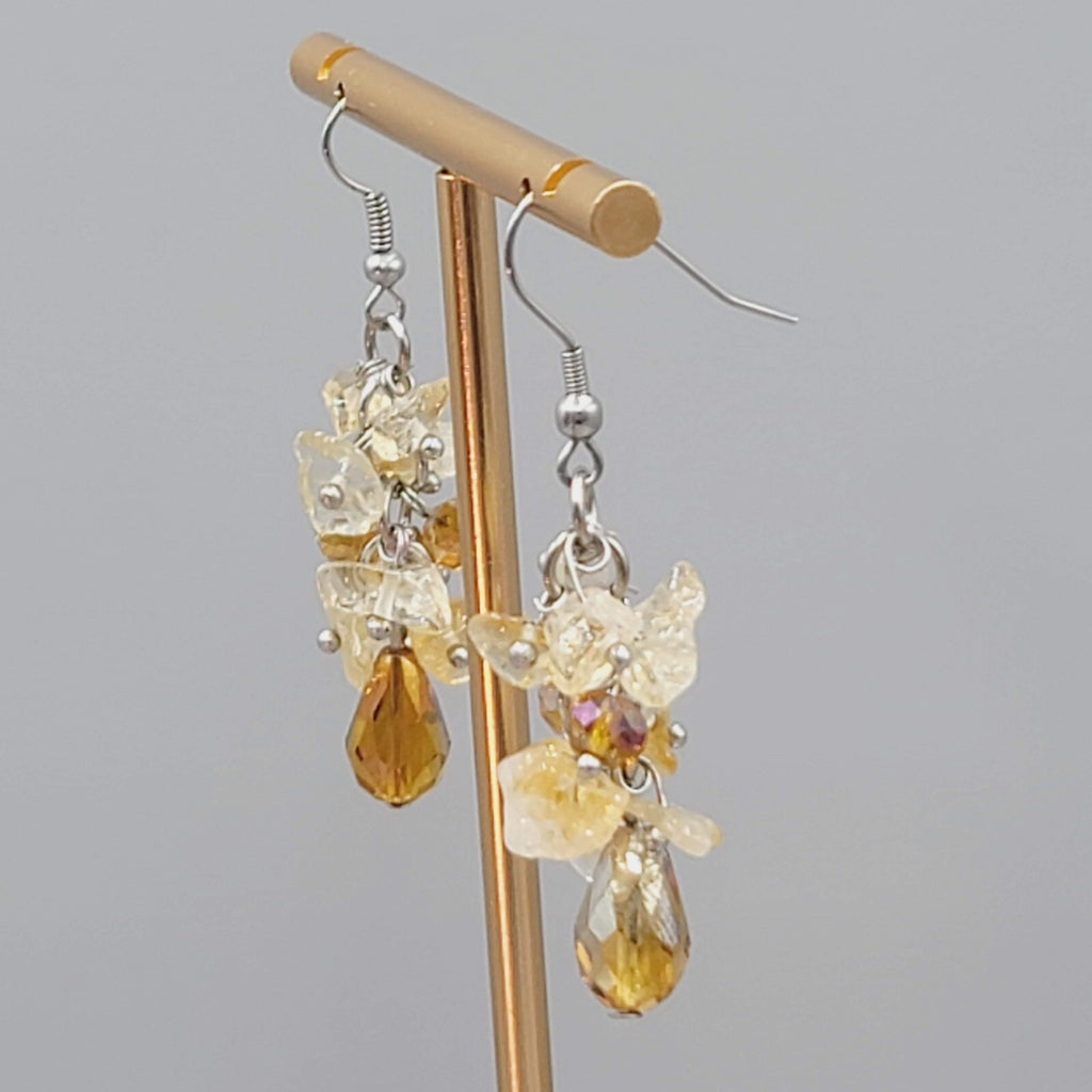Quartz and Crystal Cluster Beads Pierced Earrings Silver tone Dangle 1.5"