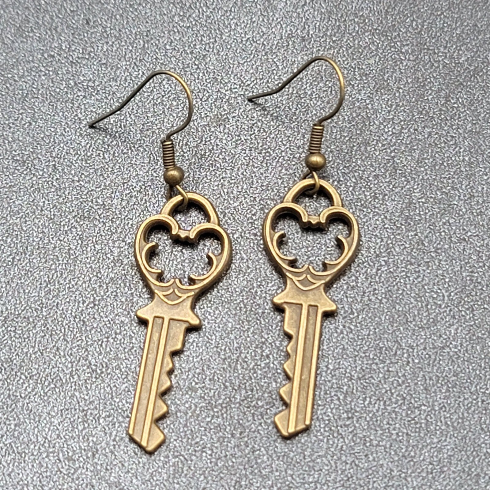 New Pierced Earrings Ornate Key Bronze tone Dangle 1.5"