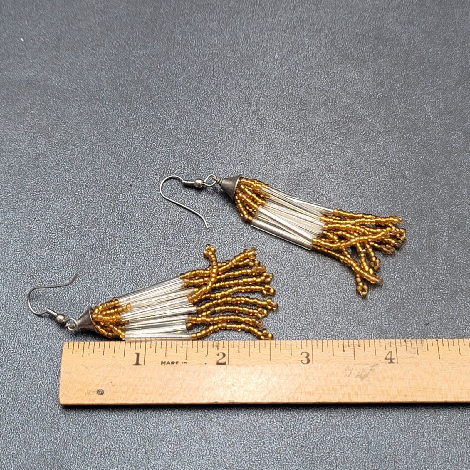 Pierced Earrings Silver tone Orange Seed Bead Multi Strand Dangle 2.5"