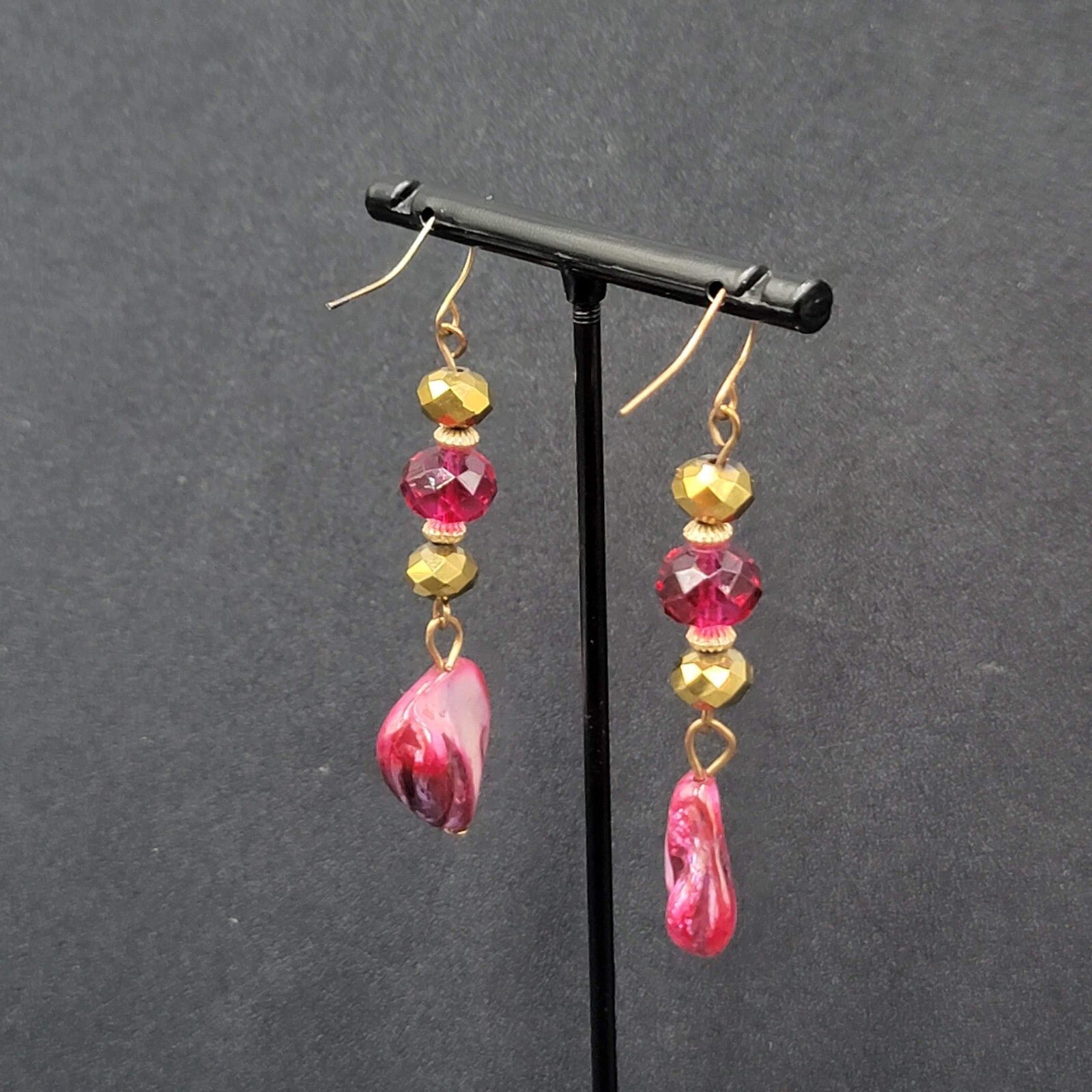Pierced Earrings Gold tone Pink Beads Dyed Shell Dangle 2 1/8"