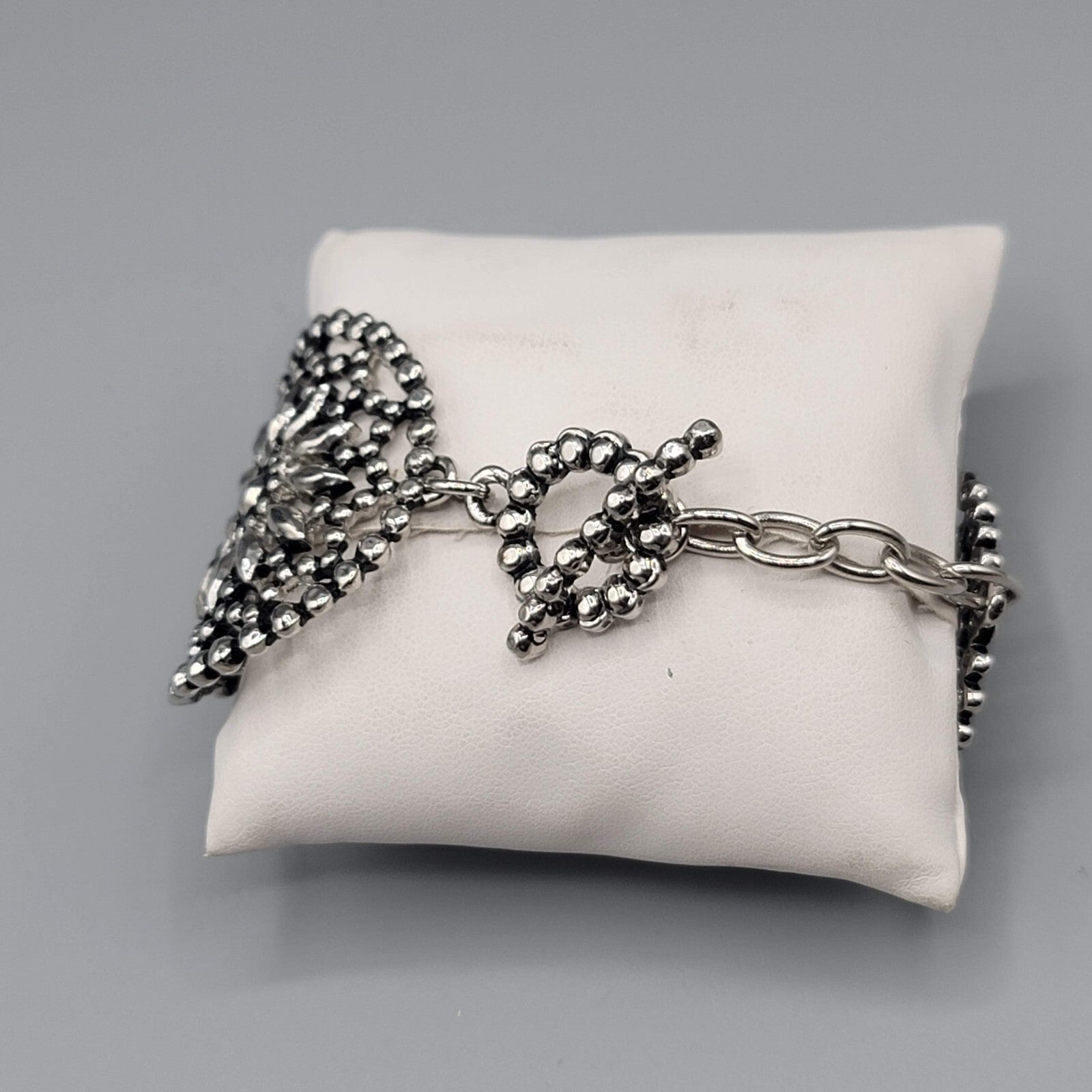 Large Boho Statement Bracelet Dark Silver tone Open Work Toggle 7"