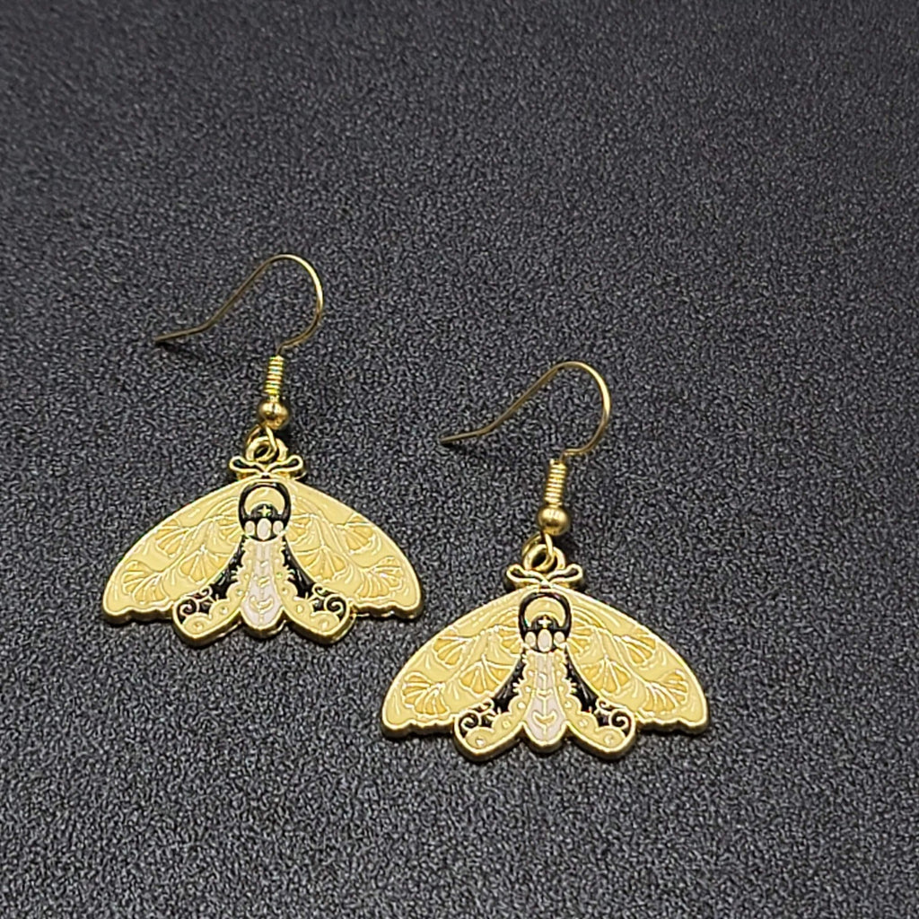 Moth Pierced Earrings Gold tone Yellow Black Enamel Dangle 3/4"