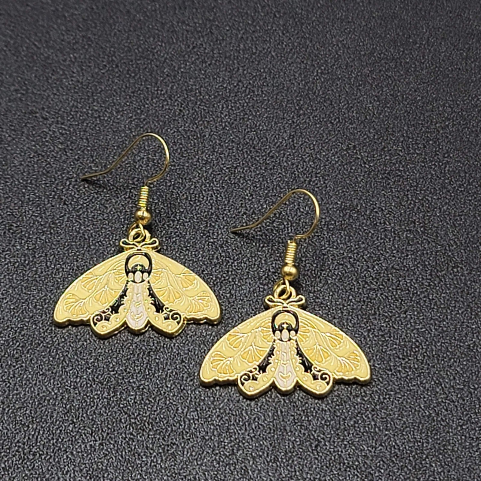 Moth Pierced Earrings Gold tone Yellow Black Enamel Dangle 3/4"