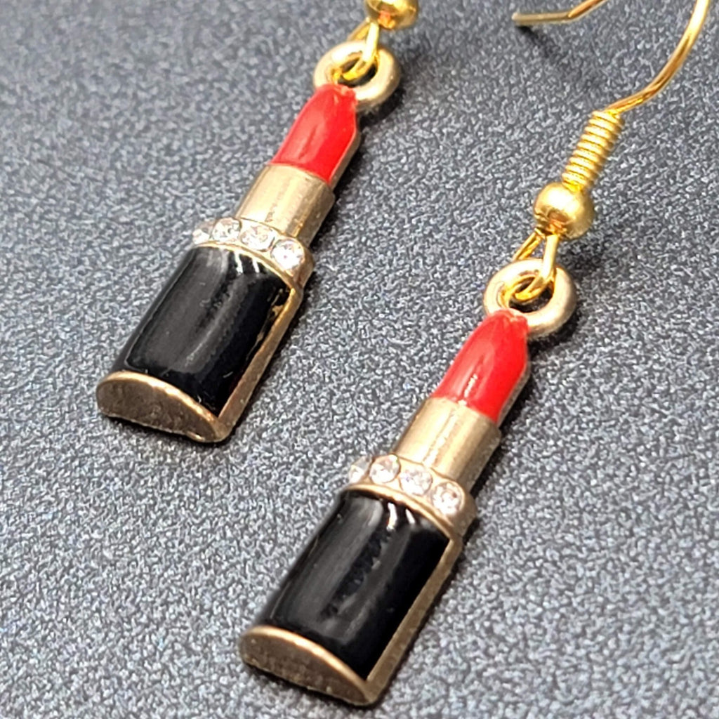 Lipstick Pierced Earrings 3D Gold tone Red Black Enamel Crystal Dangle 1"